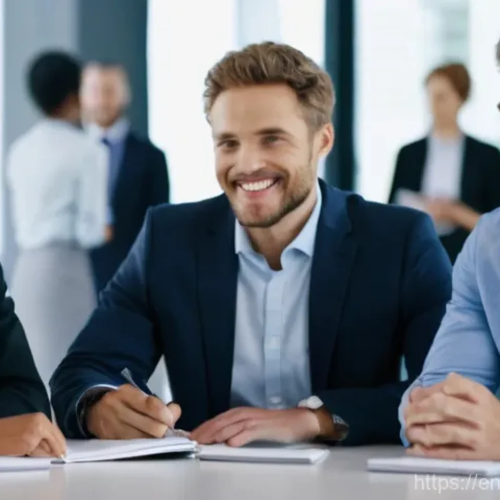 비즈니스 대화에서 감정 인식 활용하기 - Decoding the Unspoken: Reading the Room**
A dynamic, wide-angle shot of a diverse group of 7-8 busi...