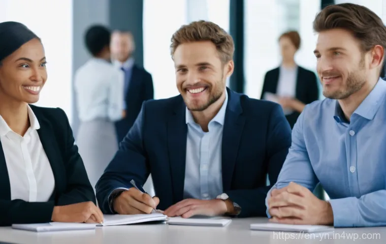 비즈니스 대화에서 감정 인식 활용하기 - Decoding the Unspoken: Reading the Room**
A dynamic, wide-angle shot of a diverse group of 7-8 busi...