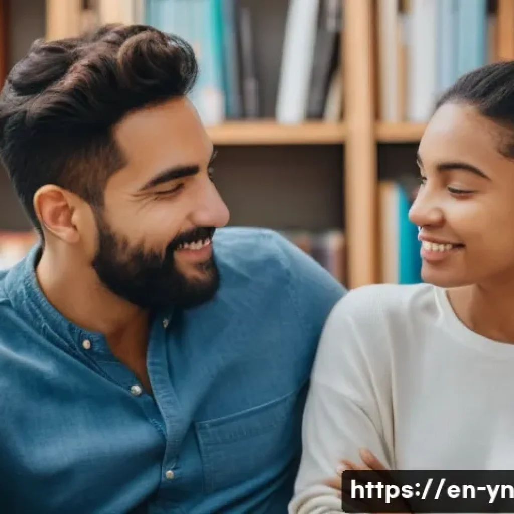 감정을 효과적으로 전달하는 법 - A warm and inviting scene of two diverse adults engaged in a heartfelt conversation in a cozy living...