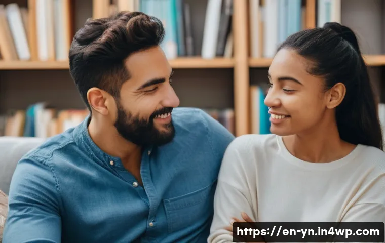 감정을 효과적으로 전달하는 법 - A warm and inviting scene of two diverse adults engaged in a heartfelt conversation in a cozy living...