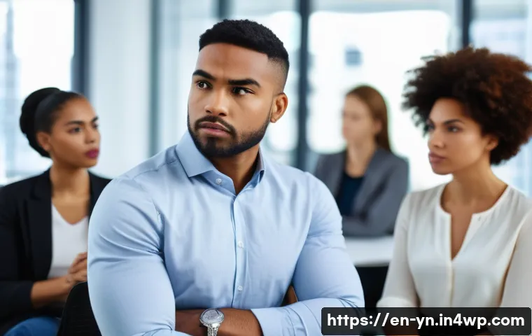 상대방의 감정을 파악하는 연습 방법 - A diverse group of people sitting in a modern office meeting room, engaged in a conversation with fo...