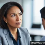 Home 20 상대방의 감정을 통찰하는 방법 - A close-up portrait of a diverse middle-aged professional woman during a conversation, showing a bri...