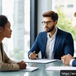 Home 19 감정 인식 대화를 통한 문제 해결 전략 - A diverse group of professionals engaged in a calm, constructive meeting around a modern conference ...