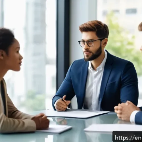 Home 31 감정 인식 대화를 통한 문제 해결 전략 - A diverse group of professionals engaged in a calm, constructive meeting around a modern conference ...