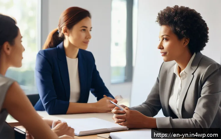 감정과 공감의 차이를 이해하기 - A serene, softly lit office meeting room scene showing a diverse group of professional adults engage...