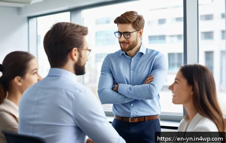 상대방의 감정을 존중하며 대화하는 방법 - A warm, naturalistic scene showing a diverse group of coworkers in a modern office environment, enga...