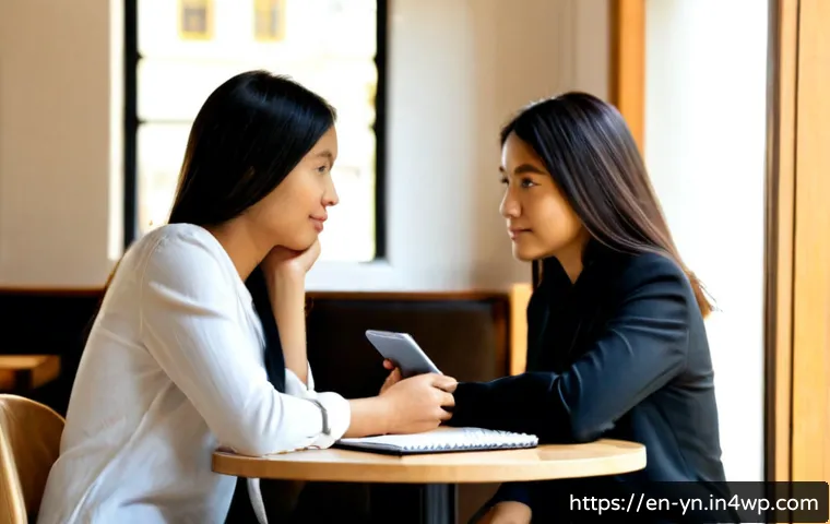 Home 17 감정 인식을 위한 대화의 기본 원칙 - Photorealistic scene of two diverse adult coworkers seated across from each other at a small café ta...